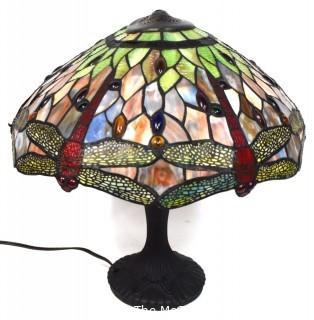 Vintage Tiffany Style Stained Glass Dragonfly Lamp.  