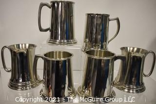 Set of Six (6) Vintage Stieff Pewter Williamsburg Beer Tankards or Steins with Glass Bottom 