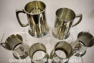 Set of Six (6) Vintage Stieff Pewter Williamsburg Beer Tankards or Steins with Glass Bottom 