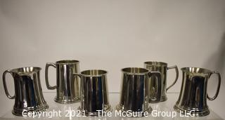 Set of Six (6) Vintage Stieff Pewter Williamsburg Beer Tankards or Steins with Glass Bottom 