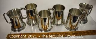 Set of Six (6) Vintage Stieff Pewter Williamsburg Beer Tankards or Steins with Glass Bottom 