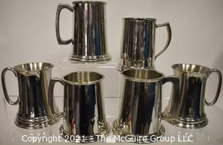 Set of Six (6) Vintage Stieff Pewter Williamsburg Beer Tankards or Steins with Glass Bottom 