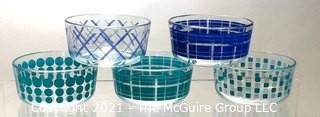 Set of Five (5) Clear Blue Stripe Dot Plaid Storage Bowls.  Each measure 6"D x 3"T.