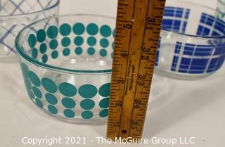 Set of Five (5) Clear Blue Stripe Dot Plaid Storage Bowls.  Each measure 6"D x 3"T.