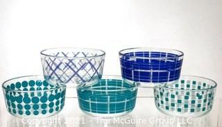 Set of Five (5) Clear Blue Stripe Dot Plaid Storage Bowls.  Each measure 6"D x 3"T.