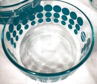 Set of Five (5) Clear Blue Stripe Dot Plaid Storage Bowls.  Each measure 6"D x 3"T.