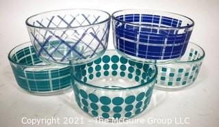 Set of Five (5) Clear Blue Stripe Dot Plaid Storage Bowls.  Each measure 6"D x 3"T.