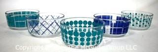 Set of Five (5) Clear Blue Stripe Dot Plaid Storage Bowls.  Each measure 6"D x 3"T.