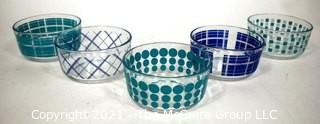 Set of Five (5) Clear Blue Stripe Dot Plaid Storage Bowls.  Each measure 6"D x 3"T.