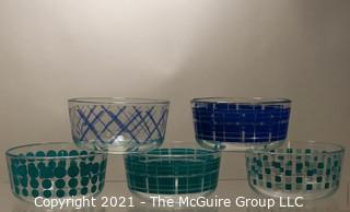 Set of Five (5) Clear Blue Stripe Dot Plaid Storage Bowls.  Each measure 6"D x 3"T.