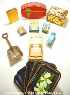 Group of Decorative Items Including Vintage Seashell Covered Trinket Box, Tin Tole Painted Trays, Card Games, Savings Bank and Shovel.