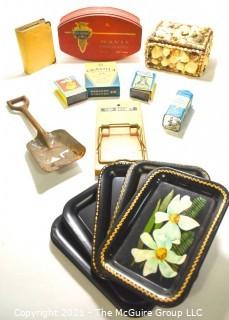 Group of Decorative Items Including Vintage Seashell Covered Trinket Box, Tin Tole Painted Trays, Card Games, Savings Bank and Shovel.