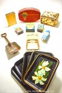 Group of Decorative Items Including Vintage Seashell Covered Trinket Box, Tin Tole Painted Trays, Card Games, Savings Bank and Shovel.