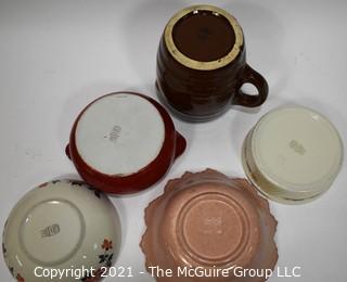 Group of Vintage Pottery Including Brown Barrel Pitcher, Bowls by Hall's China & Woodfield Stubenville. 