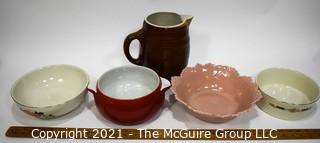 Group of Vintage Pottery Including Brown Barrel Pitcher, Bowls by Hall's China & Woodfield Stubenville. 