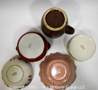 Group of Vintage Pottery Including Brown Barrel Pitcher, Bowls by Hall's China & Woodfield Stubenville. 