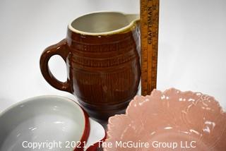 Group of Vintage Pottery Including Brown Barrel Pitcher, Bowls by Hall's China & Woodfield Stubenville. 