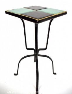 Vintage Wrought Iron Table with Turquoise and Black Tile Insert. Measures 17" tall and and 9" square.