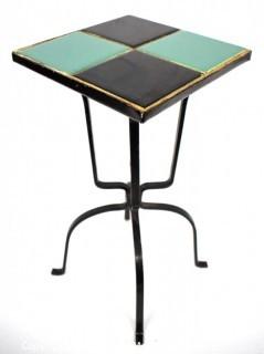 Vintage Wrought Iron Table with Turquoise and Black Tile Insert. Measures 17" tall and and 9" square.