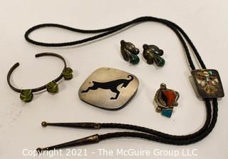 Group of Boho Mexican Sterling Silver Jewelry Including Bolo on Leather Cord, Earrings, Bracelet, Brooch and Turquoise Pendant.