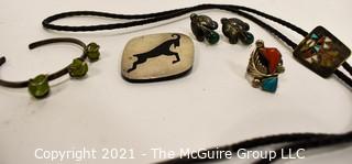 Group of Boho Mexican Sterling Silver Jewelry Including Bolo on Leather Cord, Earrings, Bracelet, Brooch and Turquoise Pendant.