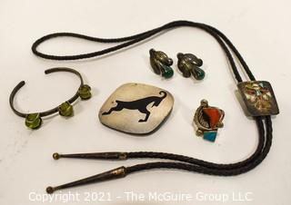 Group of Boho Mexican Sterling Silver Jewelry Including Bolo on Leather Cord, Earrings, Bracelet, Brooch and Turquoise Pendant.