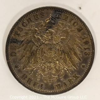 1913 German States Bavaria 3 Mark Silver Coin Drei Mark