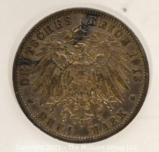 1913 German States Bavaria 3 Mark Silver Coin Drei Mark