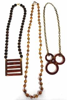 Three (3) Retro Boho Necklaces, Two Made of Wood. 
