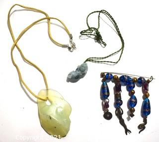 Two Stone Pendant Necklaces and Blue Foil Bead Brooch. 