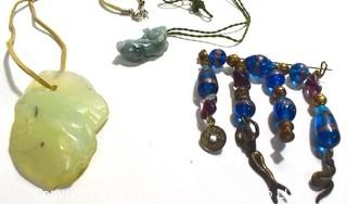 Two Stone Pendant Necklaces and Blue Foil Bead Brooch. 