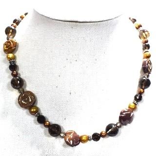 Mixed Semi Precious Carved Stone with Crystal Accent Beaded Necklace.  Measures 19" long.