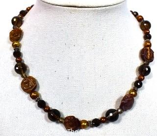 Mixed Semi Precious Carved Stone with Crystal Accent Beaded Necklace.  Measures 19" long.