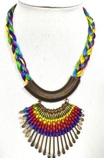 Artisan Made Hammered Brass Fringe on Multi Color Cords Necklace. Measures 21" long. 