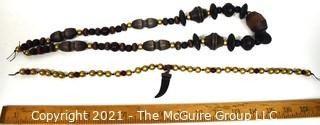 Two (2) Wood and Metal Boho Style Bead Strands with Tooth Pendant.