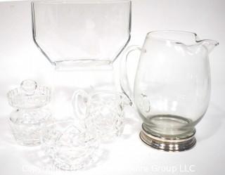 Group of Crystal Glass Ware Including Pitcher with Sterling Base and Orrefors Art Glass Vase With Etched Girl Signed by Artist Edvinn Ohrstrom