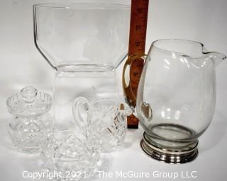 Group of Crystal Glass Ware Including Pitcher with Sterling Base and Orrefors Art Glass Vase With Etched Girl Signed by Artist Edvinn Ohrstrom