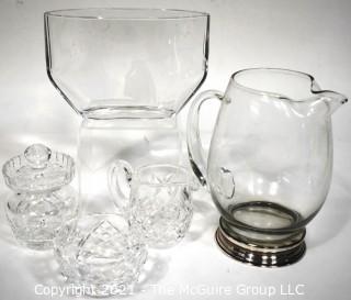 Group of Crystal Glass Ware Including Pitcher with Sterling Base and Orrefors Art Glass Vase With Etched Girl Signed by Artist Edvinn Ohrstrom