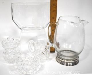 Group of Crystal Glass Ware Including Pitcher with Sterling Base and Orrefors Art Glass Vase With Etched Girl Signed by Artist Edvinn Ohrstrom