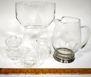 Group of Crystal Glass Ware Including Pitcher with Sterling Base and Orrefors Art Glass Vase With Etched Girl Signed by Artist Edvinn Ohrstrom