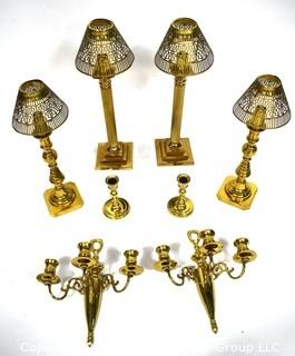 Group of Decorative Items Including Horn, Asian Blue & White Porcelain Table Lamp and Brass Footed Trivet.