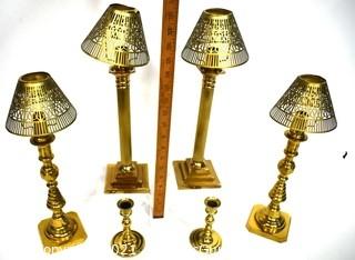 Group of Decorative Items Including Horn, Asian Blue & White Porcelain Table Lamp and Brass Footed Trivet.