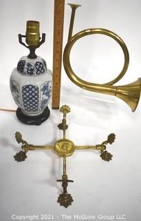 Group of Decorative Items Including Horn, Asian Blue & White Porcelain Table Lamp and Brass Footed Trivet.