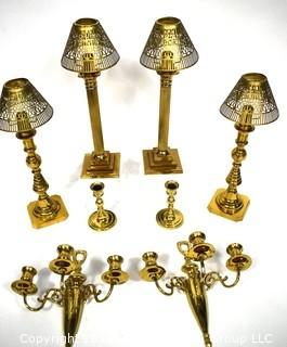 Group of Decorative Items Including Horn, Asian Blue & White Porcelain Table Lamp and Brass Footed Trivet.