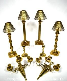 Group of Decorative Items Including Horn, Asian Blue & White Porcelain Table Lamp and Brass Footed Trivet.