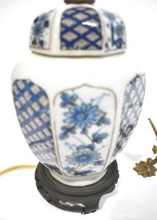 Group of Decorative Items Including Horn, Asian Blue & White Porcelain Table Lamp and Brass Footed Trivet.