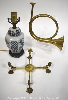 Group of Decorative Items Including Horn, Asian Blue & White Porcelain Table Lamp and Brass Footed Trivet.