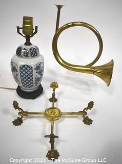 Group of Decorative Items Including Horn, Asian Blue & White Porcelain Table Lamp and Brass Footed Trivet.