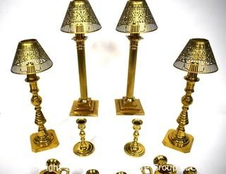 Group of Decorative Items Including Horn, Asian Blue & White Porcelain Table Lamp and Brass Footed Trivet.