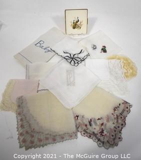 Group of Vintage Linens Including Handkerchiefs and Cigarette Case.